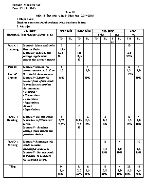 Ma trận và đề kiểm tra 15 phút môn Tiếng Anh Lớp 6 - Năm học 2014-2015 (Có đáp án)